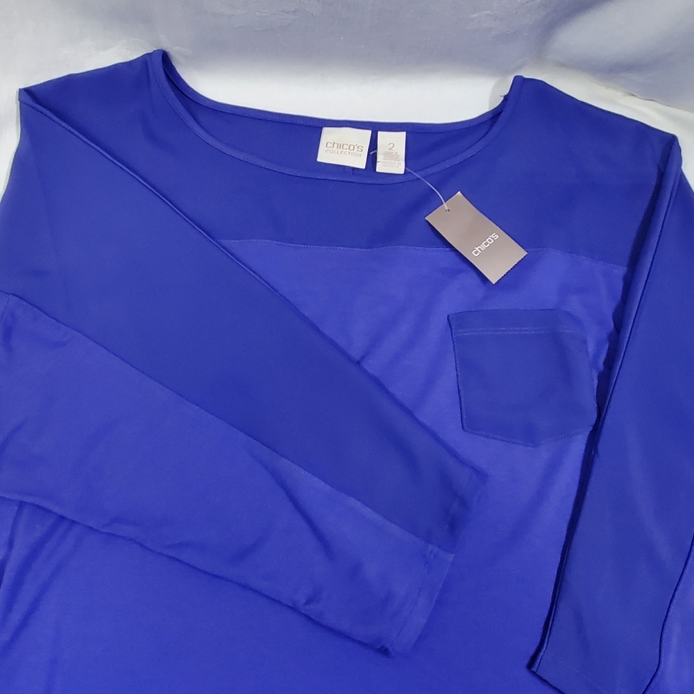 Chico's NWT Kylie Tyrian Purple Timeless 3/4 Sleeve Knit/Chiffon Trim Top 2/Lg